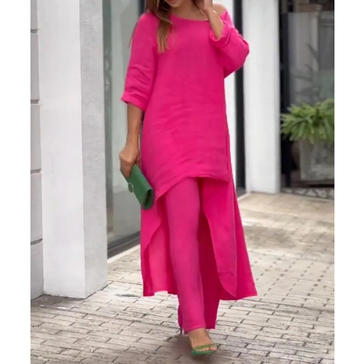 Women Lightweight Linen Two-Piece with Asymmetrical High-Low Tunic and Wide Palazzo Pants Amarae