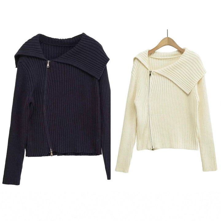 Ribbed knit jacket for women with large collar and asymmetric zipper Lune London