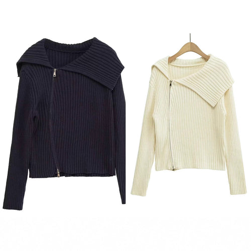 Ribbed knit jacket for women with large collar and asymmetric zipper Amarae