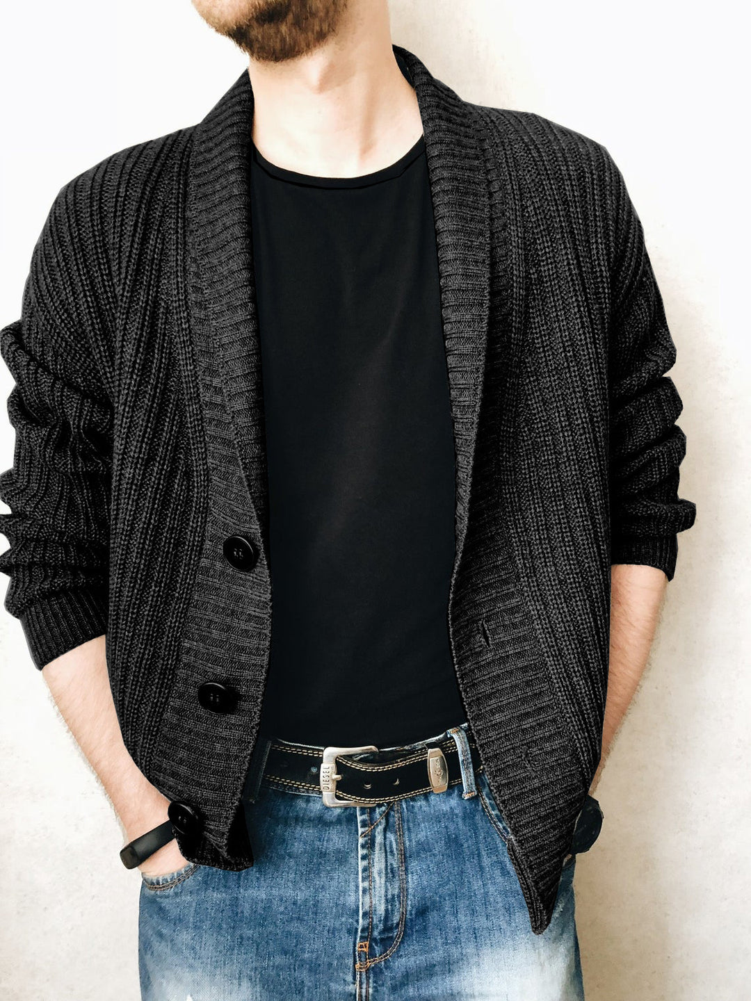 Men's knitted jacket with large collar and decorative buttons Lune London