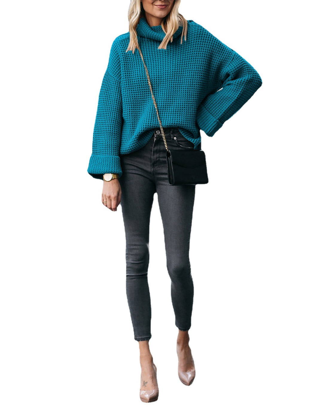 Chunky knit sweater with high collar and voluminous sleeves for ladies Lune London