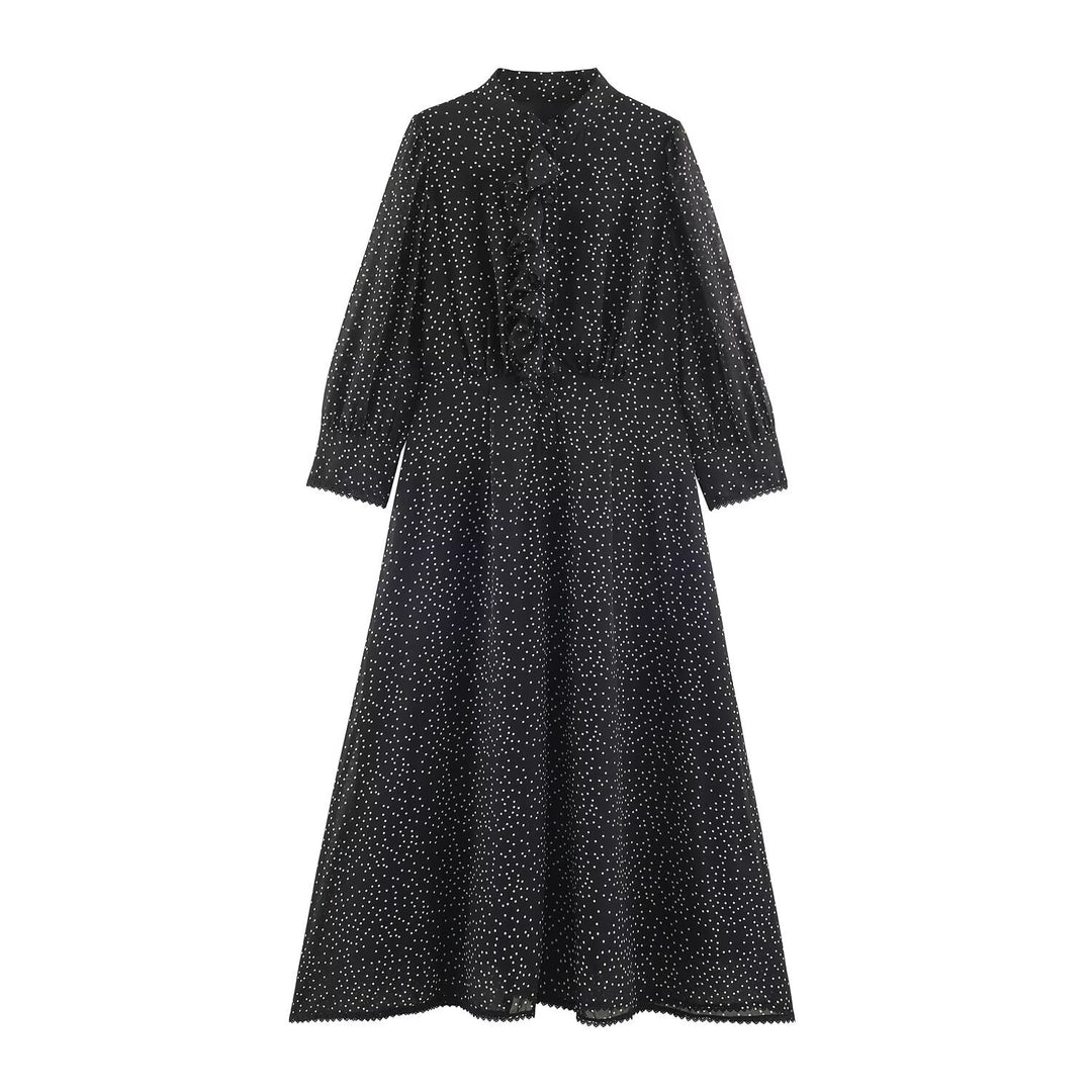 Women’s midi dress with ruffled front, stand-up collar and flared A-line skirt Amarae