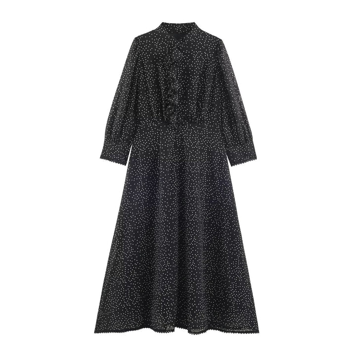 Women’s midi dress with ruffled front, stand-up collar and flared A-line skirt Amarae