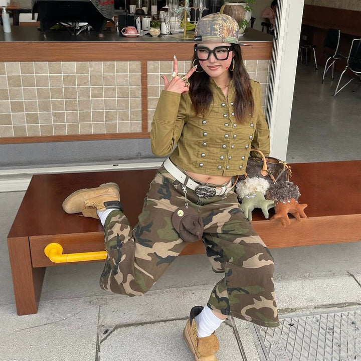 Women short-cut military-inspired cargo jacket with decorative button placket Amarae