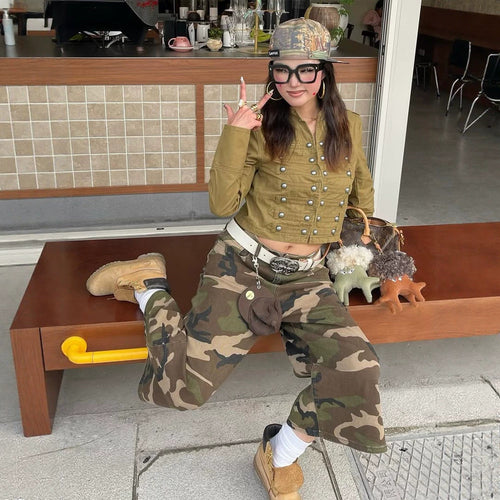 Women short-cut military-inspired cargo jacket with decorative button placket Amarae