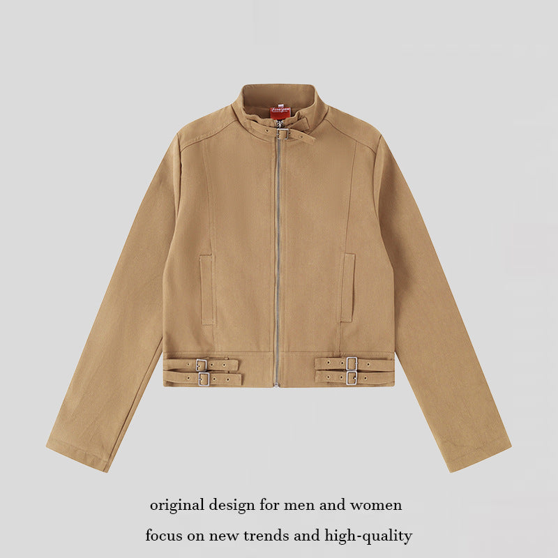 Women's Short Cut Cotton Utility Jacket with Stand-Up Collar Front Zip and Adjustable Waist Straps Amarae