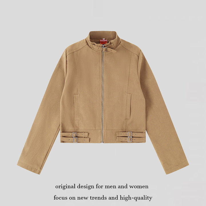 Women's Short Cut Cotton Utility Jacket with Stand-Up Collar Front Zip and Adjustable Waist Straps Amarae