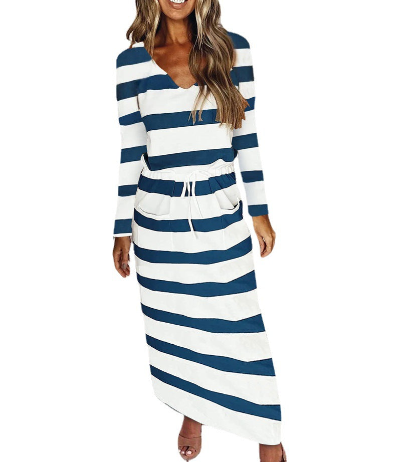 Women's Casual-Elegant Maxi Knit Dress with V-Neck, Drawstring and Side Pockets Amarae