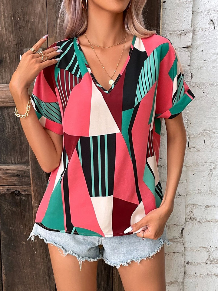 Ladies V-neck top geometric print Lune London
