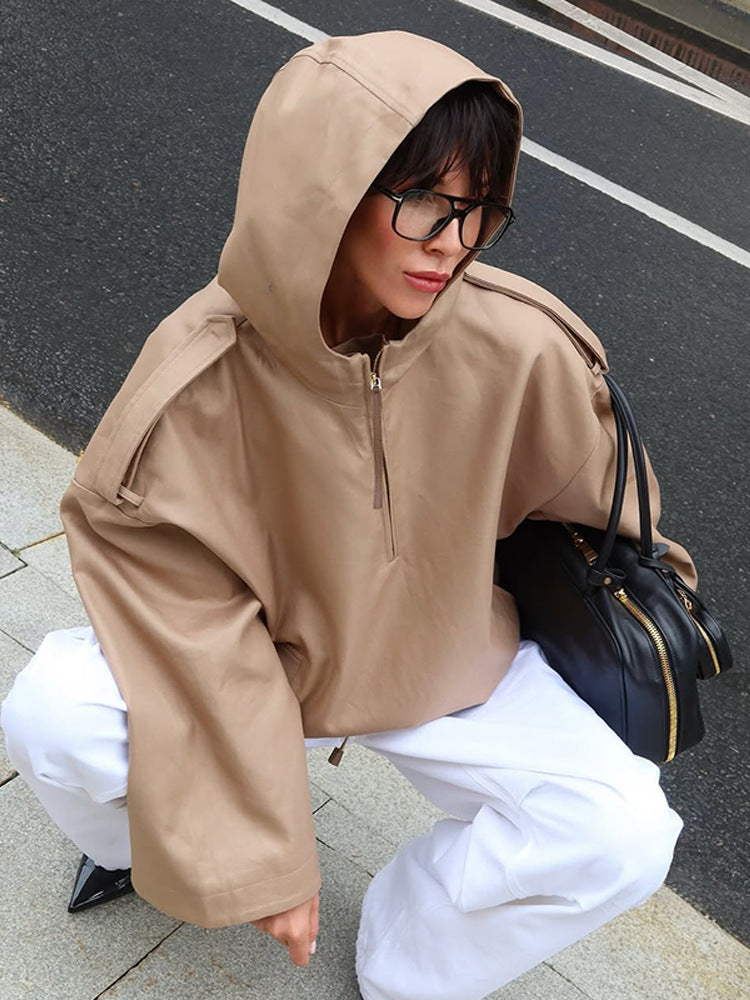 Women's Oversize Hoodie Jacket with Half Zipper and Shoulder Yoke Amarae