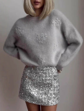 Fashionable women's sweater with structured flower appliqués Lune London