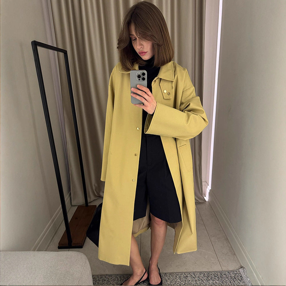 Ladies Maxilong Oversize Trench Coat with Stand Collar and Concealed Snap Placket Amarae