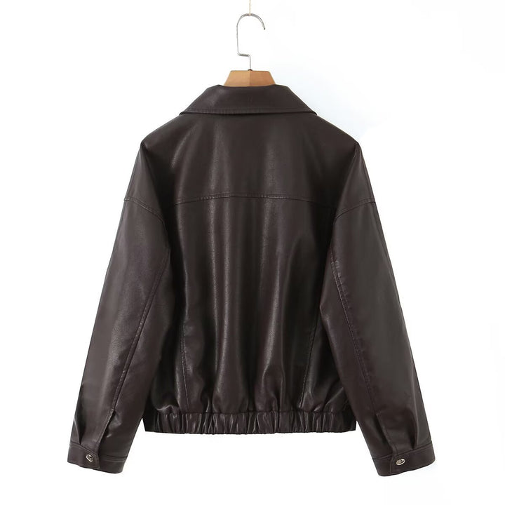 Fashionable synthetic leather jacket for women with practical flap pockets Lune London