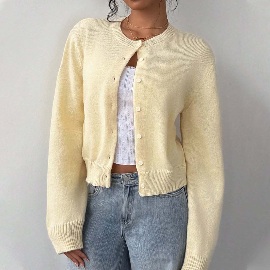 Lightweight knit jacket for ladies with button details and round neckline Lune London
