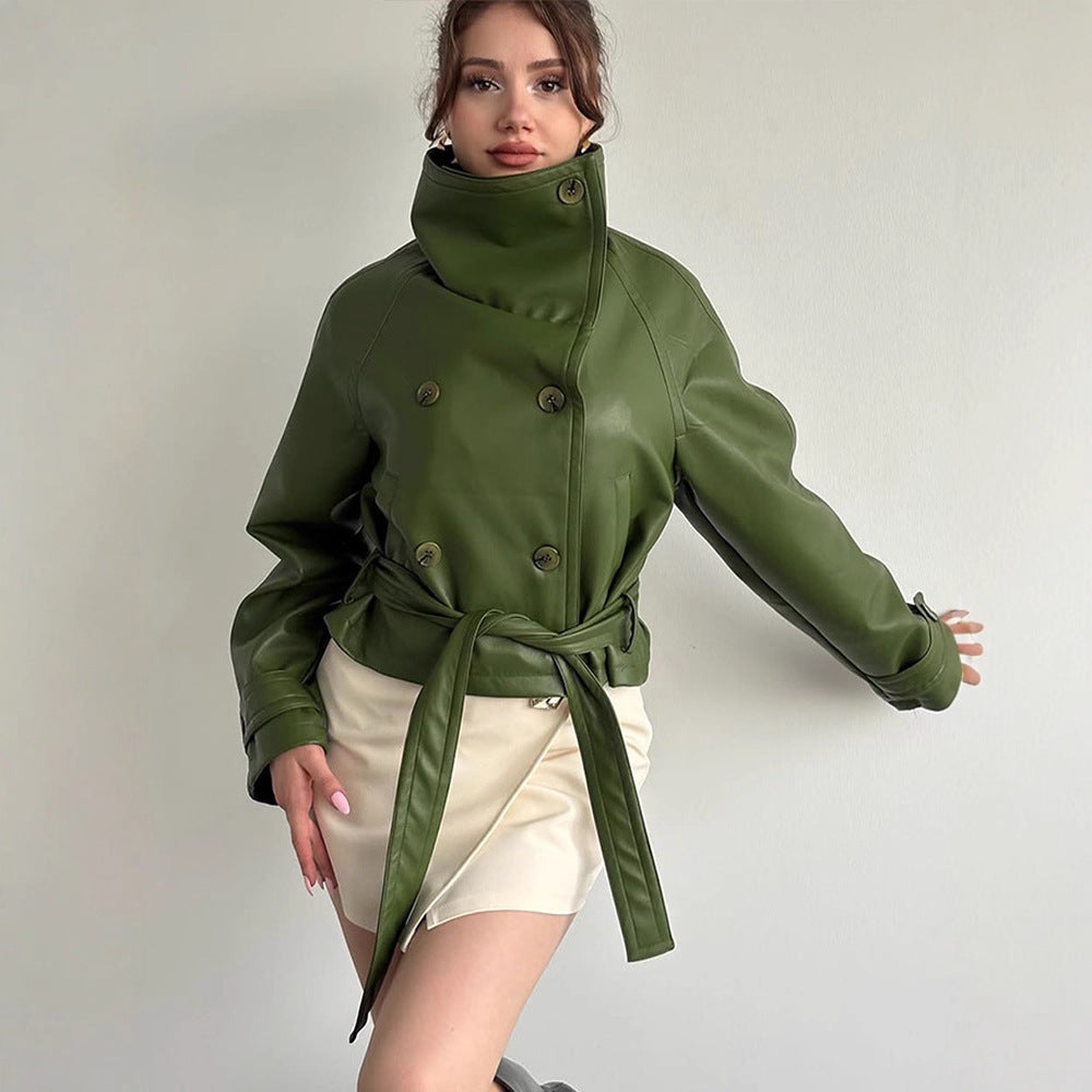 Women Tailored Short Blouson Jacket made of Imitation Leather with High Stand-up Collar and Ties Belt Amarae