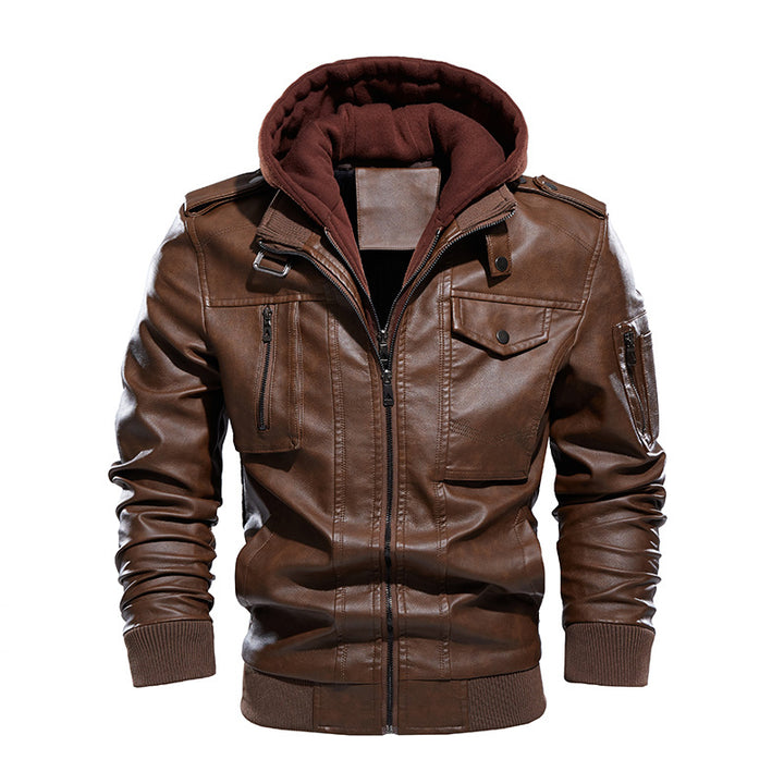 Elegant and comfortable leather jacket for men with removable hood Lune London