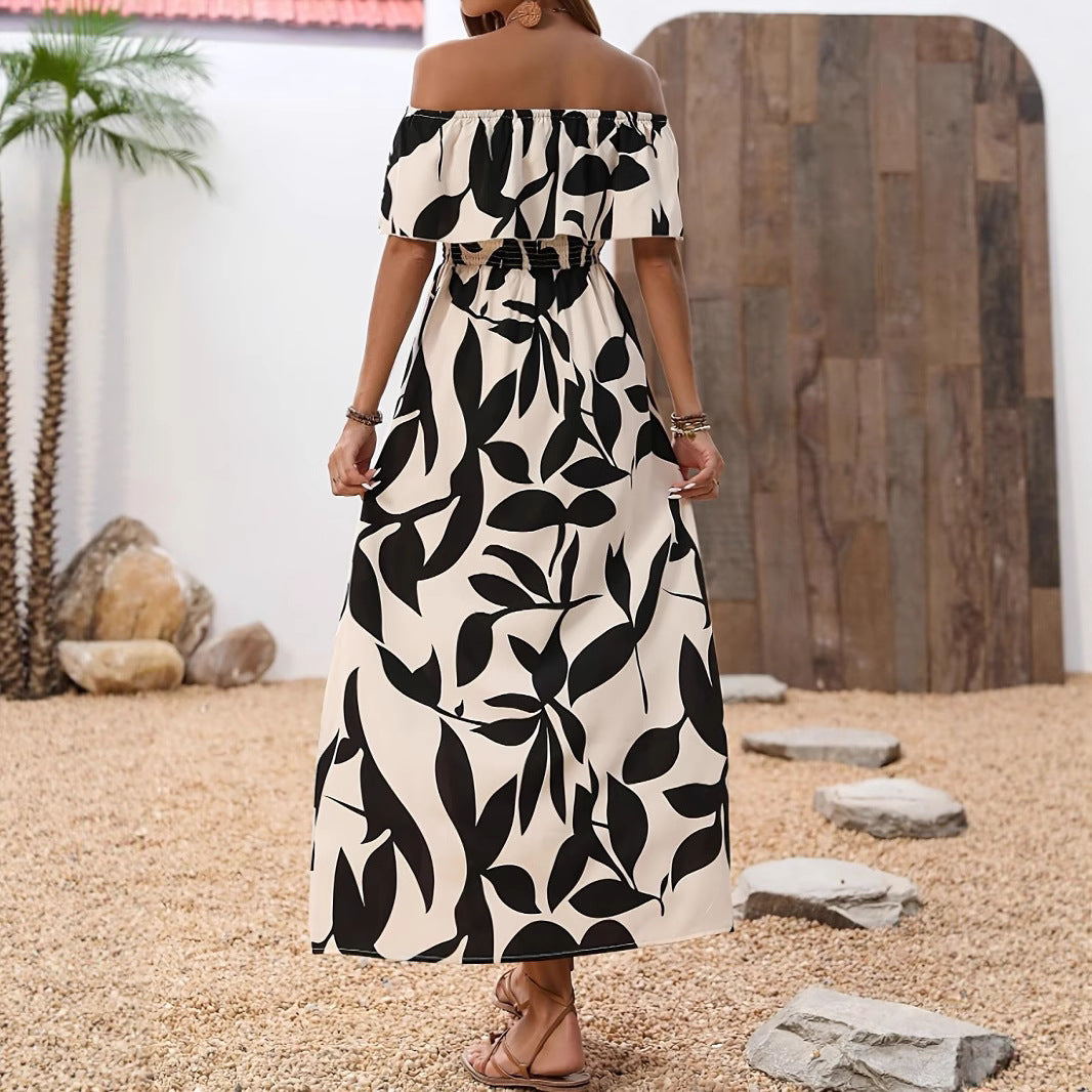 Long off-shoulder maxi dress for ladies with floral patterns and elastic belt Lune London