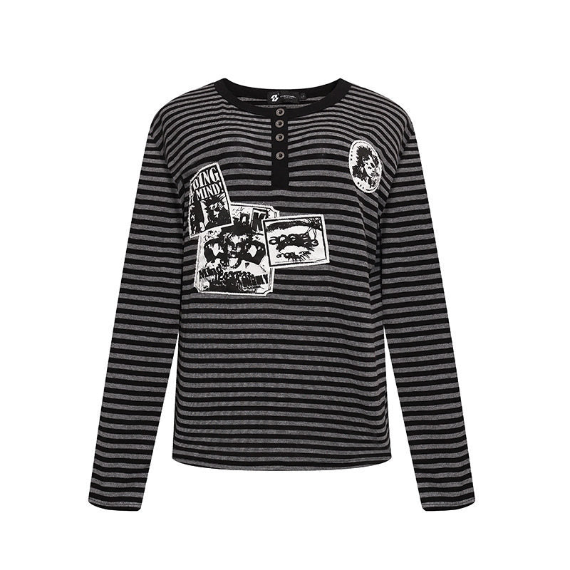 Women's Striped Long Sleeve Henley Shirt with Button Placket and Graphic Patches Amarae