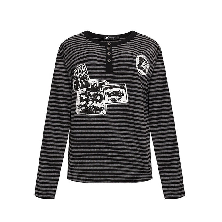 Women's Striped Long Sleeve Henley Shirt with Button Placket and Graphic Patches Amarae