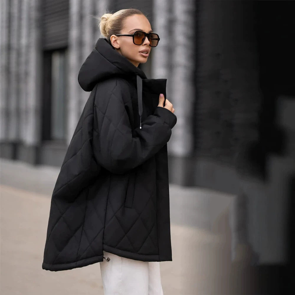 Women's quilted parka in diamond quilting pattern with hood and extended back Amarae