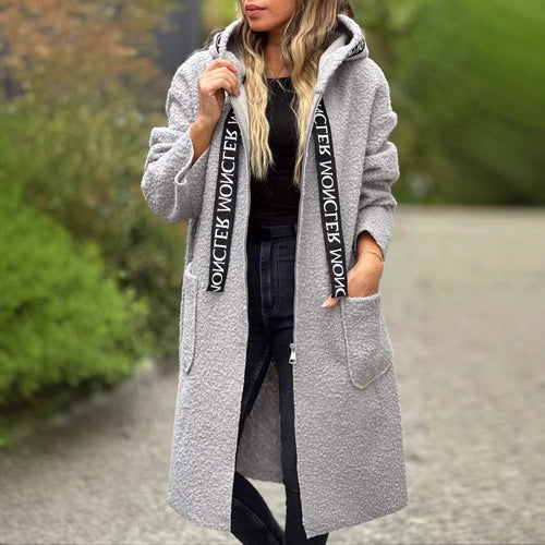 Ladies Long Cozy Jacket with Hood and Practical Pockets Amarae