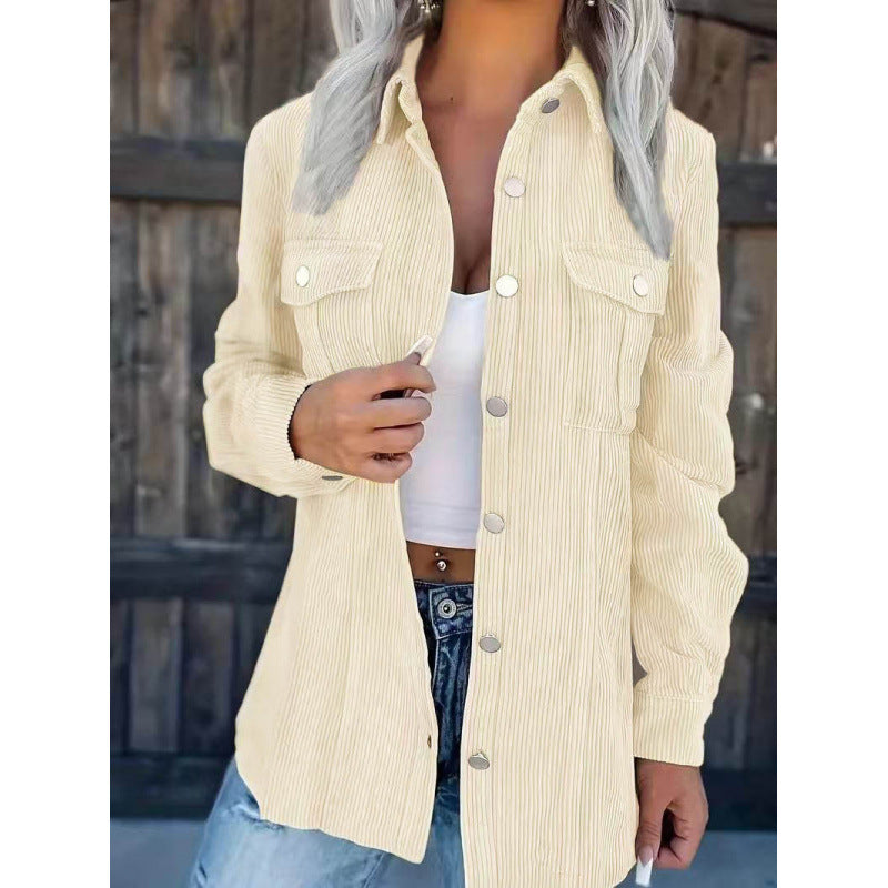 Ladies cord shirt jacket in shacket style with snap button placket and chest pockets Amarae
