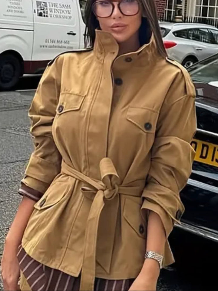 Women's Tailored Utility Jacket with Tie Belt, High Stand Collar and Flap Pockets Amarae