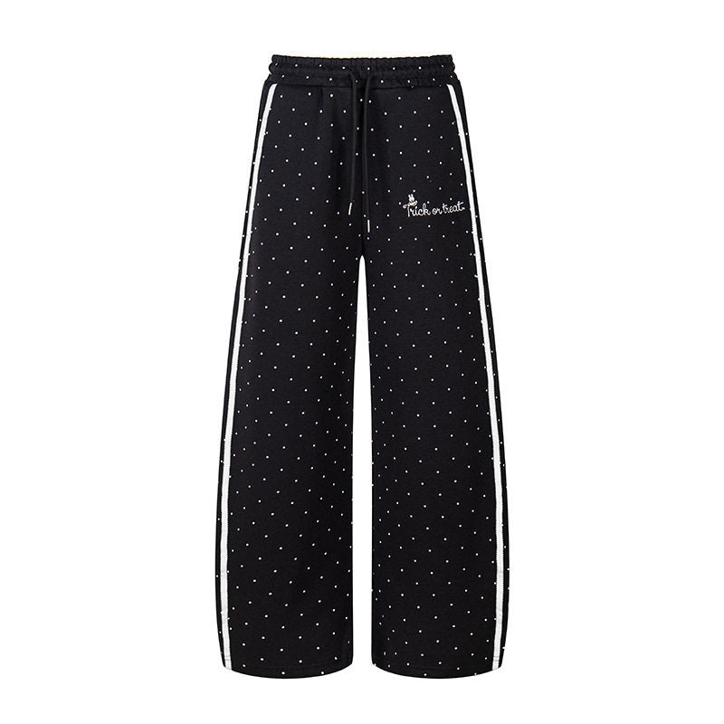 Women's Extra Wide Palazzo Sweatpants in Polka Dot Design with Elastic Comfort Waistband and Side Contrast Stripes Amarae