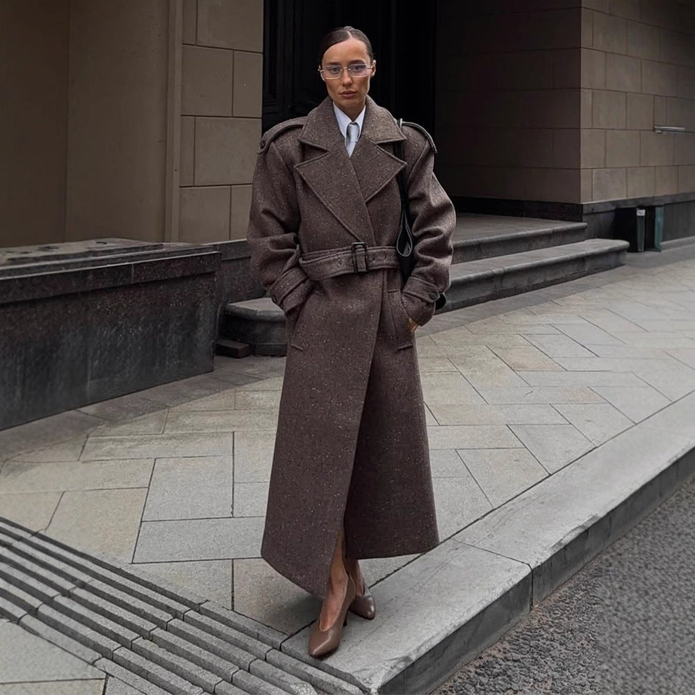 Women's Maxi-Length Wool Cocoon Coat with Emphasized Shoulder Section and Waist Belt Amarae