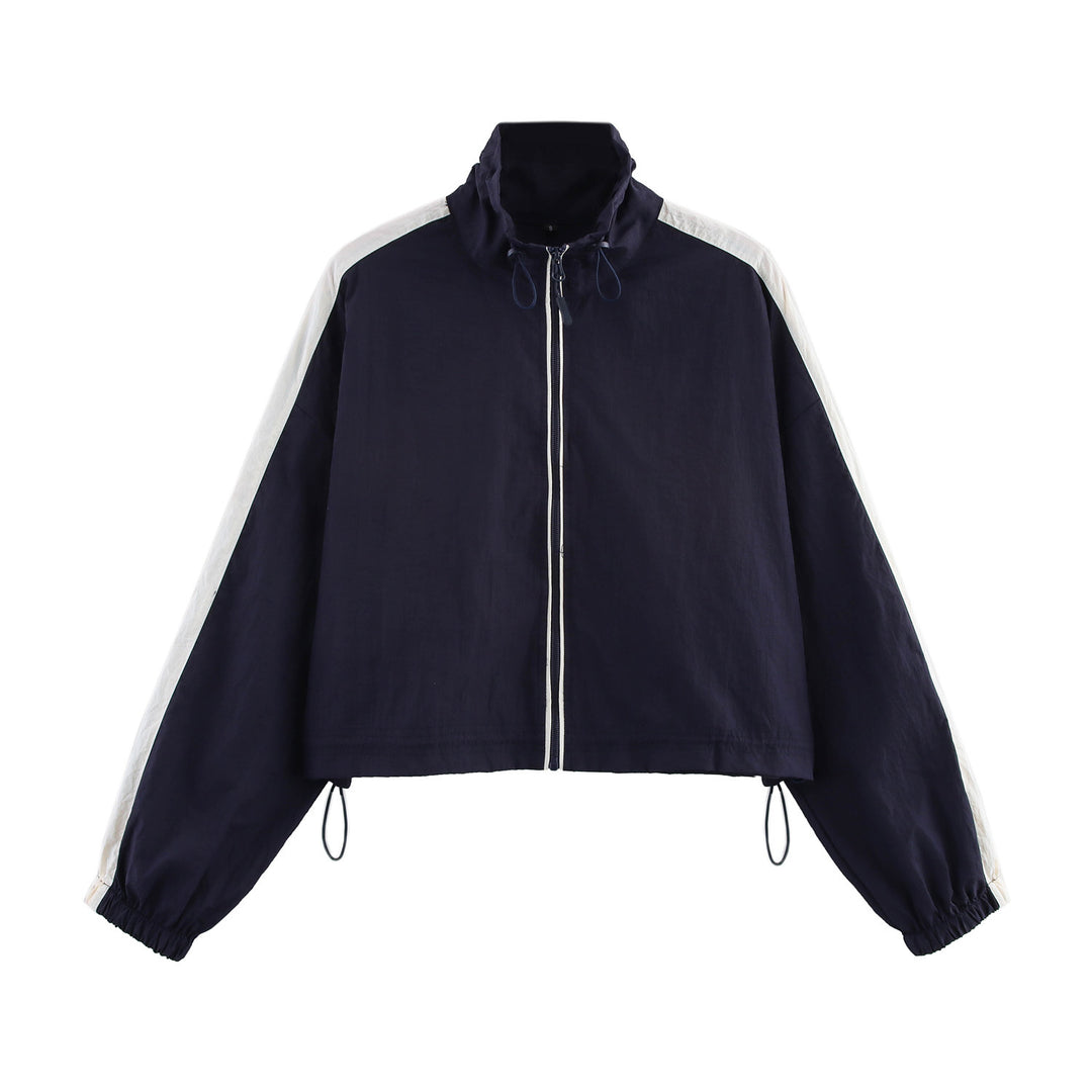 Women's Cropped Windbreaker Jacket with High Collar, Drawstring and Contrast Stripes Amarae