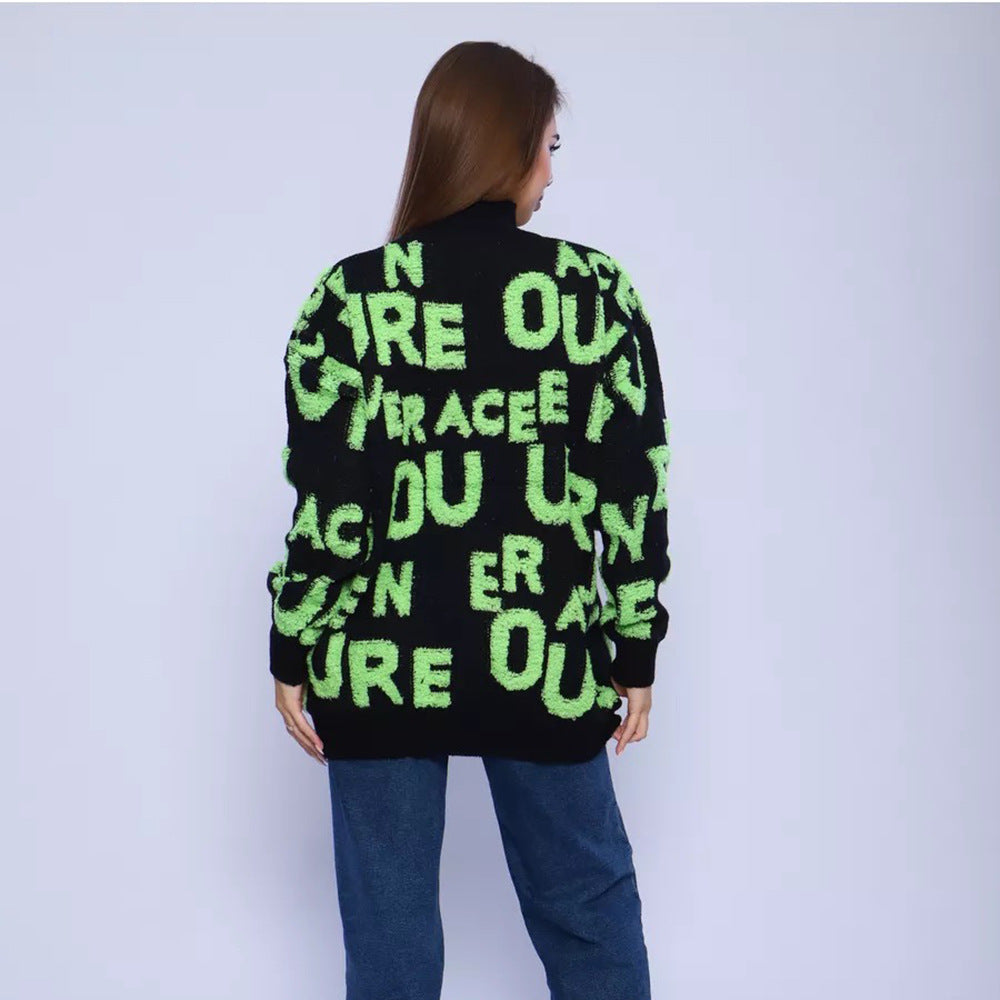 Oversized sweater for women with graphic inscription and high collar Lune London