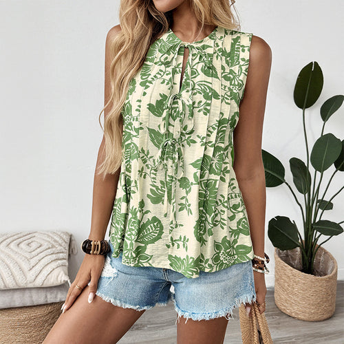 Ladies Floral Pleated Keyhole Tank Top Amarae