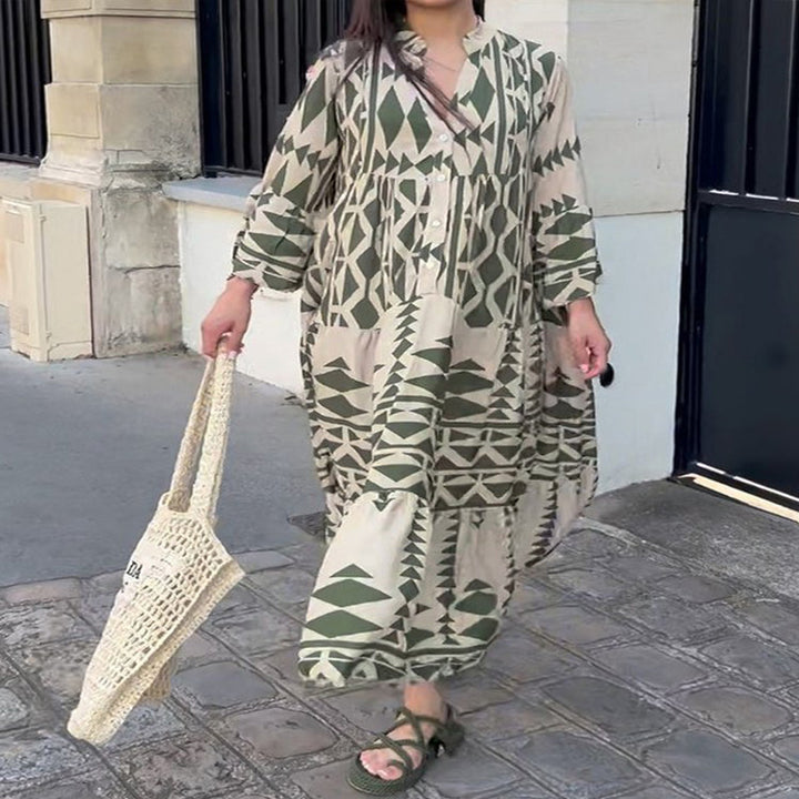 Women's Loose Maxi Dress in Boho Style with Graphic Print, V-Neck and Button Placket Amarae
