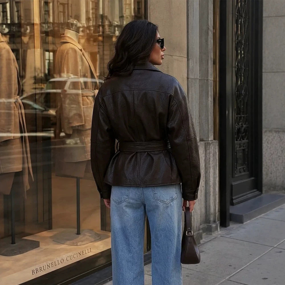 Ladies Tailored Faux Leather Biker Jacket with Ties and Drop Shoulder Amarae