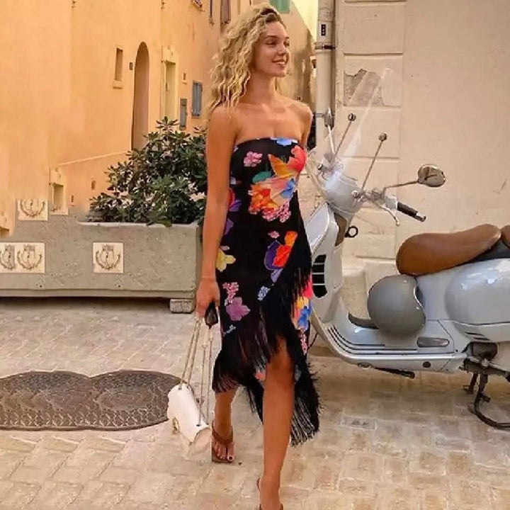 Strapless maxi dress with fringe floral pattern Lune London