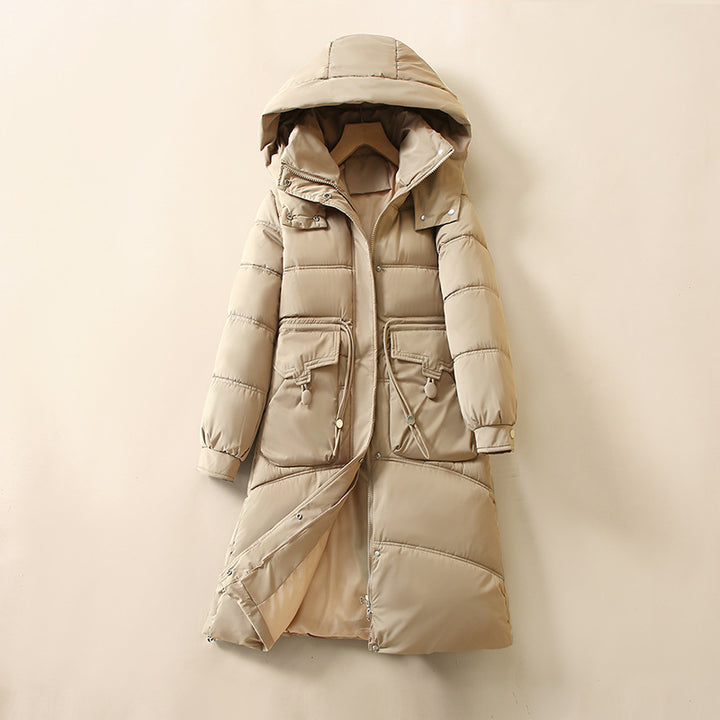 Ladies Long, warm down jacket with practical pockets and hood Lune London