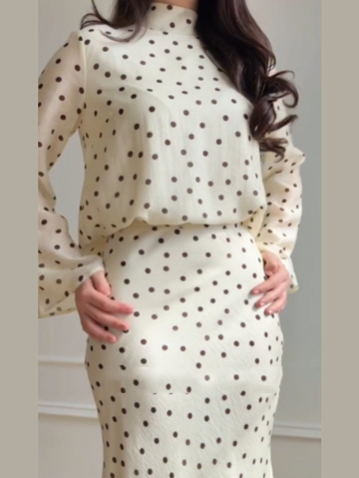 Women's maxi dress with waist-accentuating mermaid silhouette and polka dot print Amarae