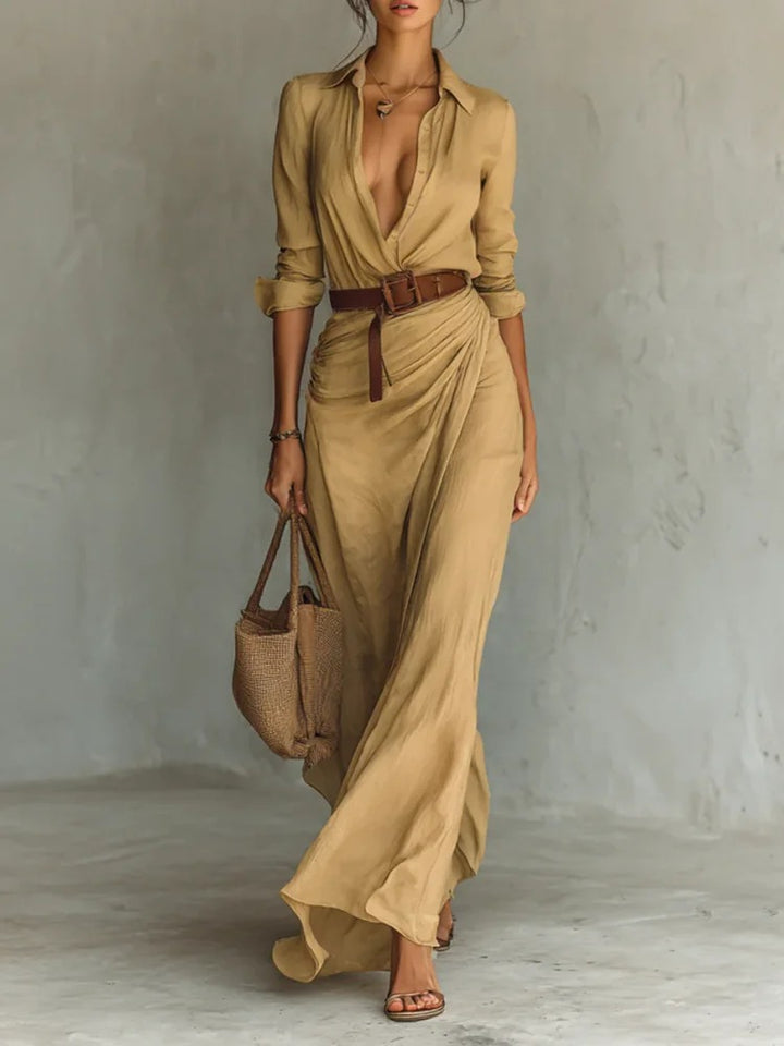 Robe maxi pour femme avec col de chemise classique et ceinture latérale Chic & Stil