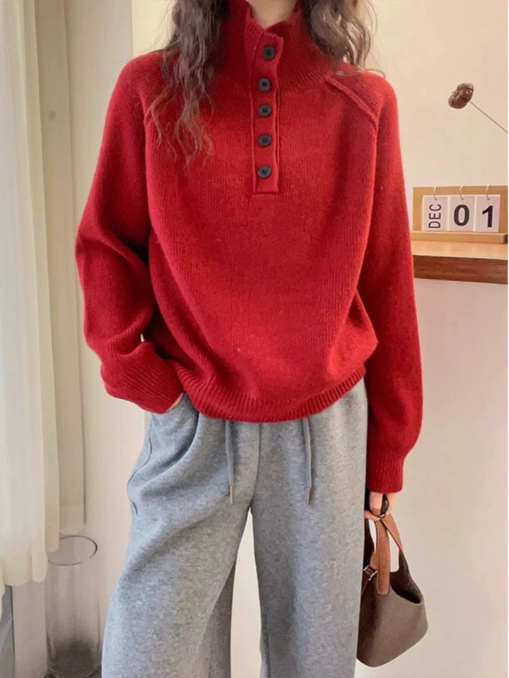 Femme Pull Tricoté Confortable avec Patte de Boutons Chic & Stil