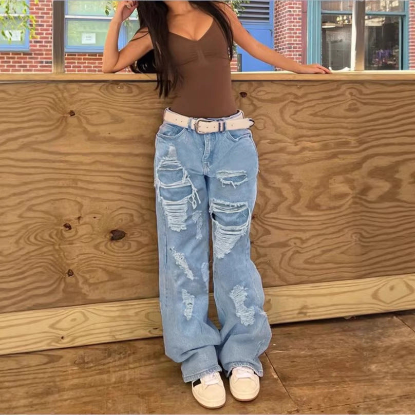 Women's High-Waisted Oversized Baggy Jeans with Strong Destroyed Look and Deep Crotch Amarae