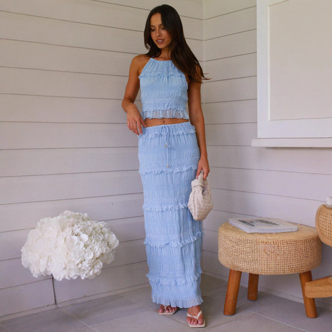 Chic & Stil Women's top and maxi skirt set with ruffle details