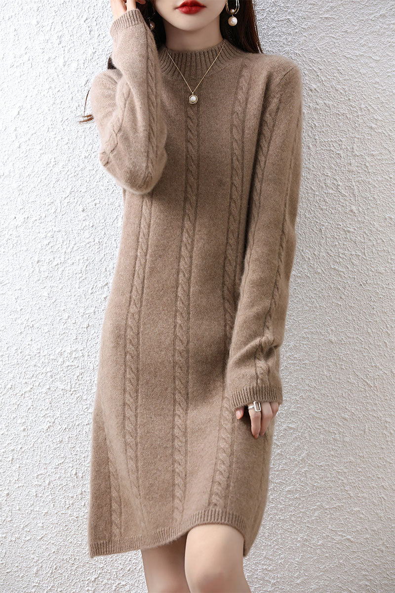 Ladies' knitted dress with elegant braid design and high collar Lune London