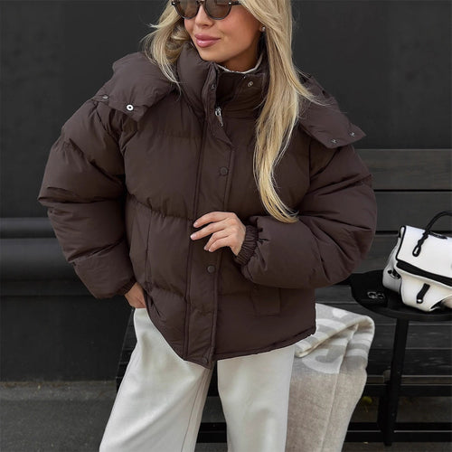 Women's short-cut oversized quilted jacket with high stand-up collar and concealed snap button placket Amarae