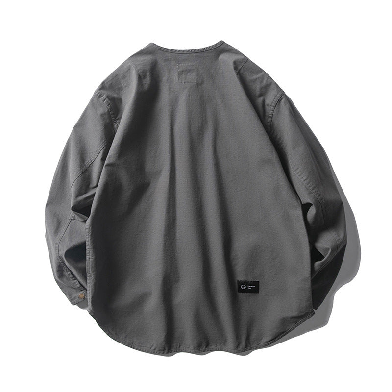 Unisex Collarless Overshirt Jacket with Snap Button Placket and Patch Chest Pockets Amarae