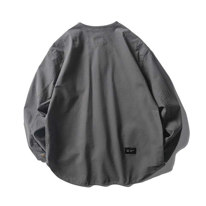 Unisex Collarless Overshirt Jacket with Snap Button Placket and Patch Chest Pockets Amarae