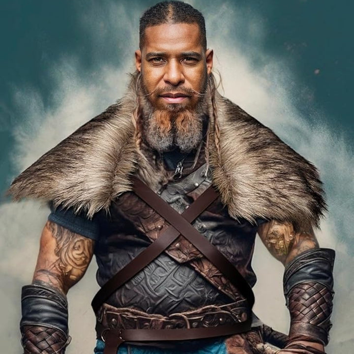 Men's Medieval Leather Jerkin with Faux Fur Shoulder Cape and Braided Arm Guards Amarae