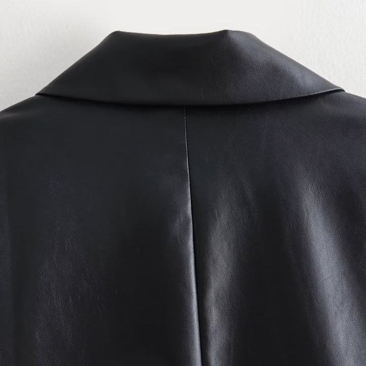 Women's Double-Breasted Faux Leather Blazer with Gold Decorative Buttons and Flap Pockets Amarae