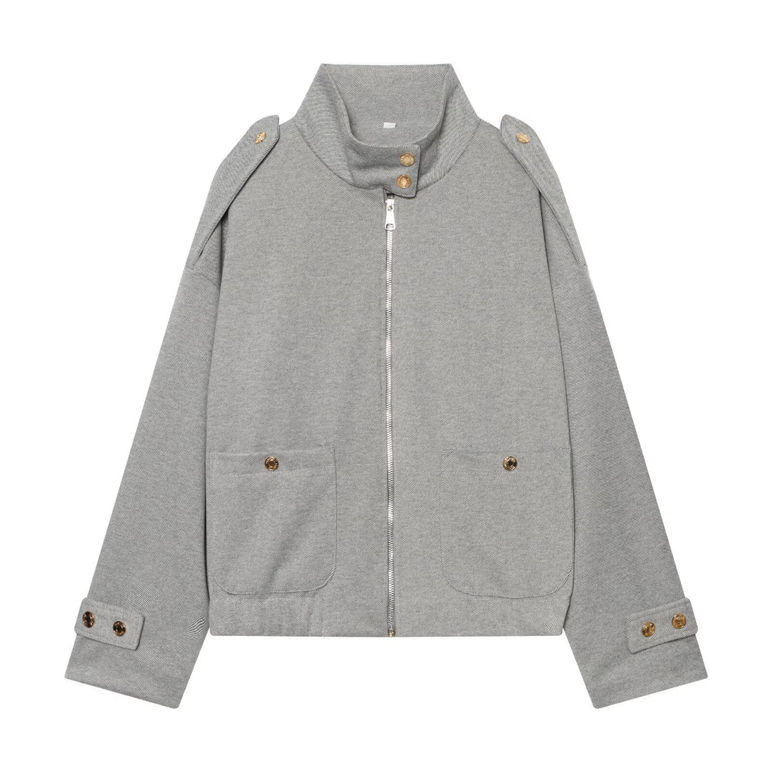 Women Cropped Utility Jacket with high collar, shoulder epaulettes and flap pockets