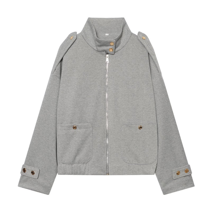 Women Cropped Utility Jacket with high collar, shoulder epaulettes and flap pockets