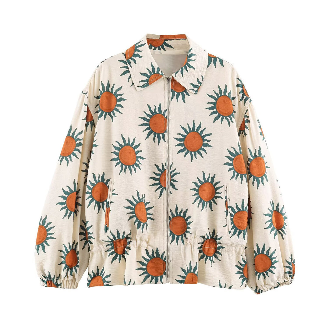 Women's Oversized Lightweight Cotton Jacket with Zipper, All-Over Sun Print and Drawstring Waist